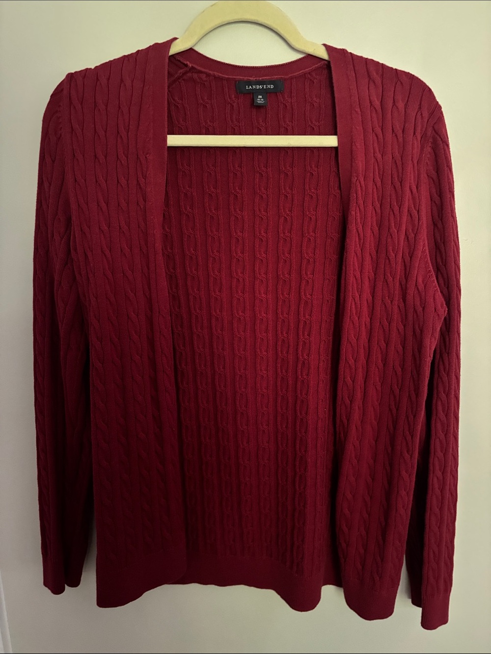 Lands' End Open Cable Knit Cardigan in Deep Red